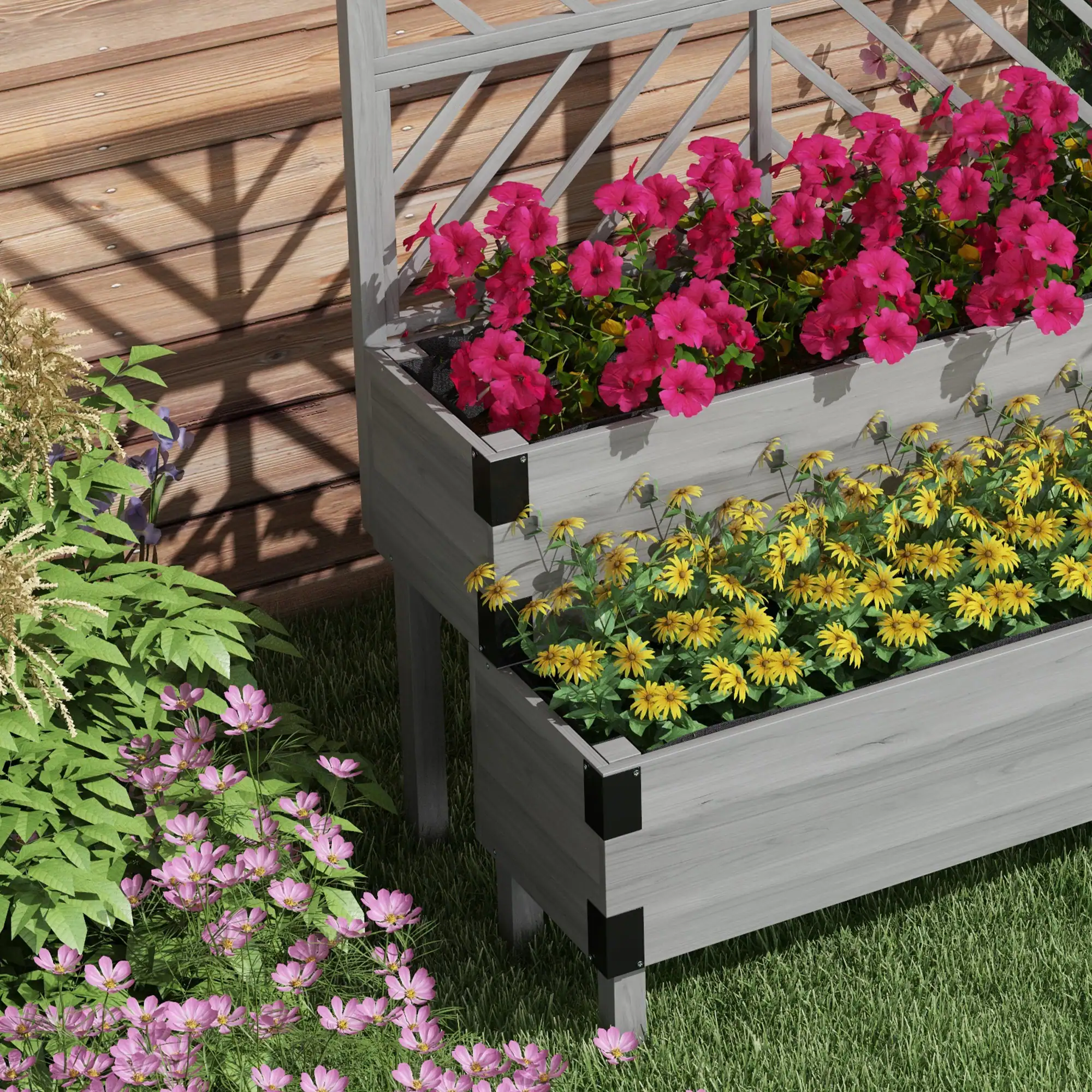 Alt View 7. Outsunny - Raised Garden Bed with Trellis, 2 Tier Wooden Elevated Planter Box with Legs and Metal Corners for Vegetables, Flowers - Gray.