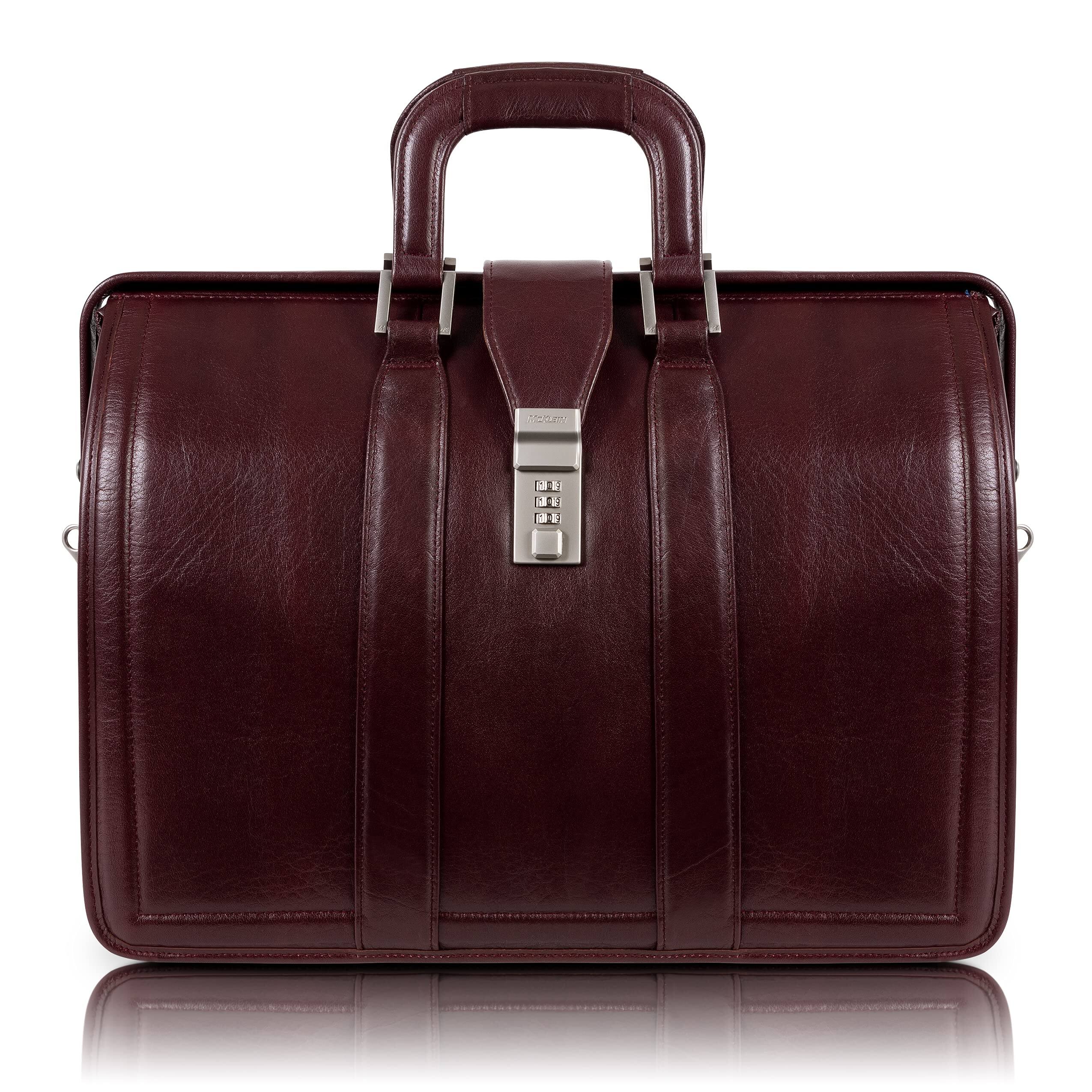 Front. McKleinUSA - 17" Laptop Briefcase Top-Grain Cowhide Leather, Padded 3-Section Organizer, 3-Digit Combination Lock, Neoprene Strap - Burgundy.