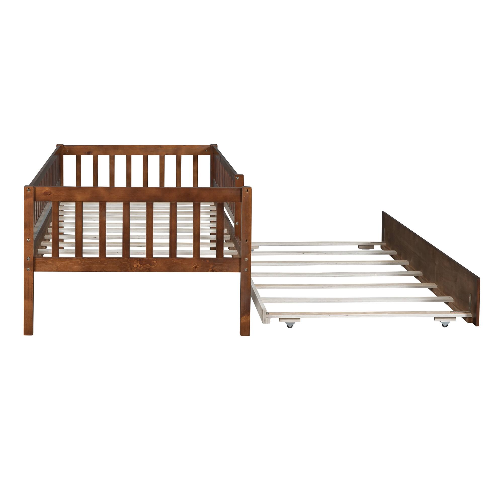 Alt View 9. Tiramisubest - Twin Size Wood Daybed with Trundle and Fence Guardrails, Walnut - Walnut.