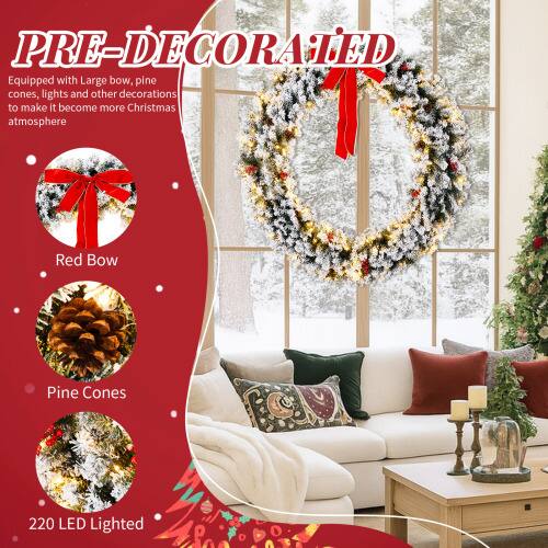 PRE-DECORATED  
Equipped with Large bow, pine cones, lights and other decorations to make it become more Christmas atmosphere  

Red Bow  
Pine Cones  
220 LED Lighted