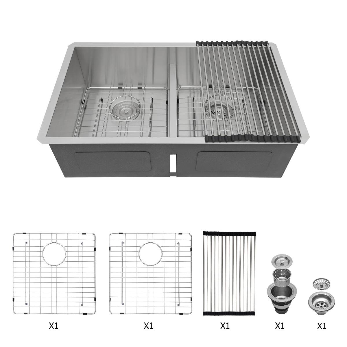 Angle. Ropilly - Ropilly 36 inch undermount double bowl kitchen sink, 16 gauge t304 stainless steel sink, 36 x 19 x 10 in - Brushed Nickel.