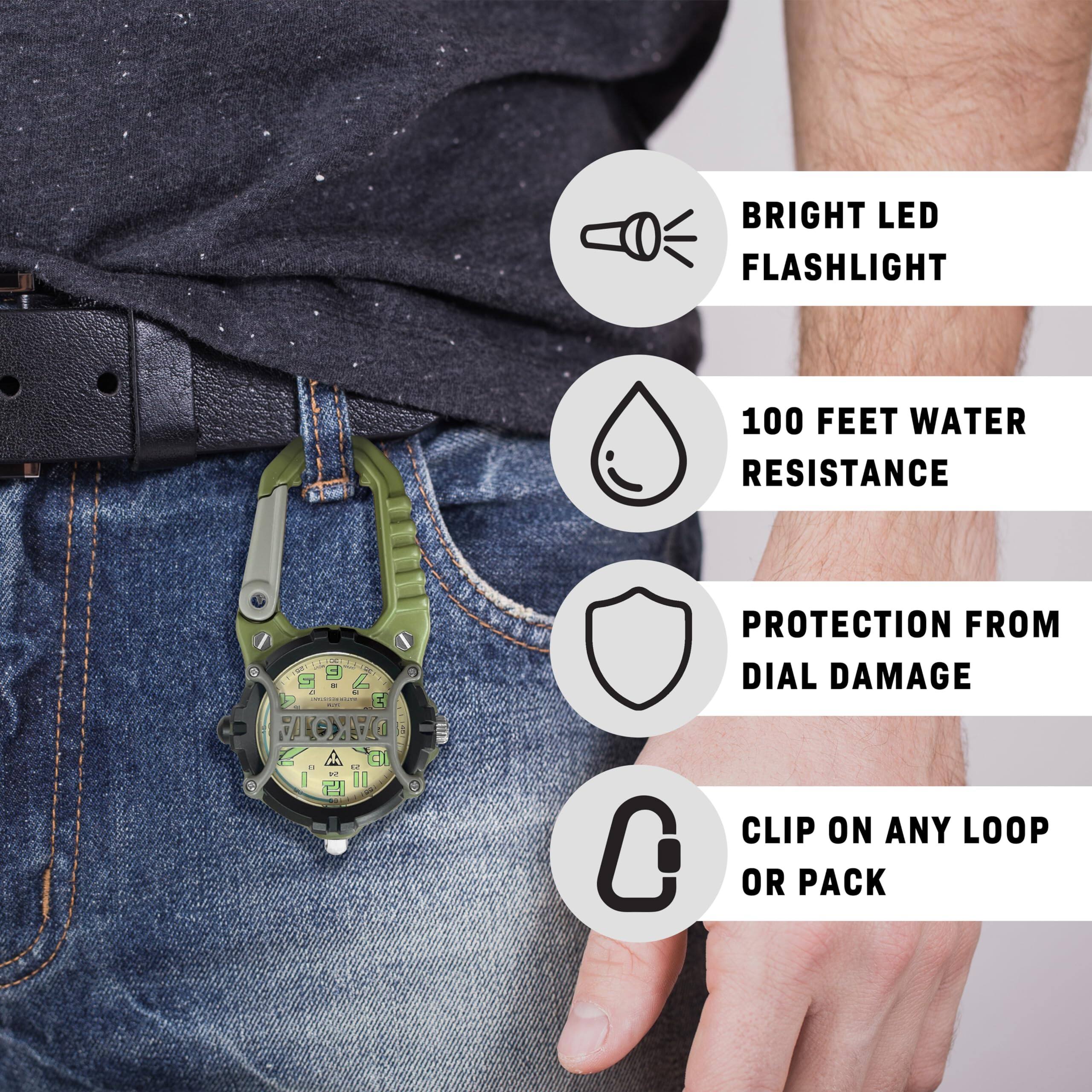 BRIGHT LED FLASHLIGHT  
100 FEET WATER RESISTANCE  
PROTECTION FROM DIAL DAMAGE  
CLIP ON ANY LOOP OR PACK