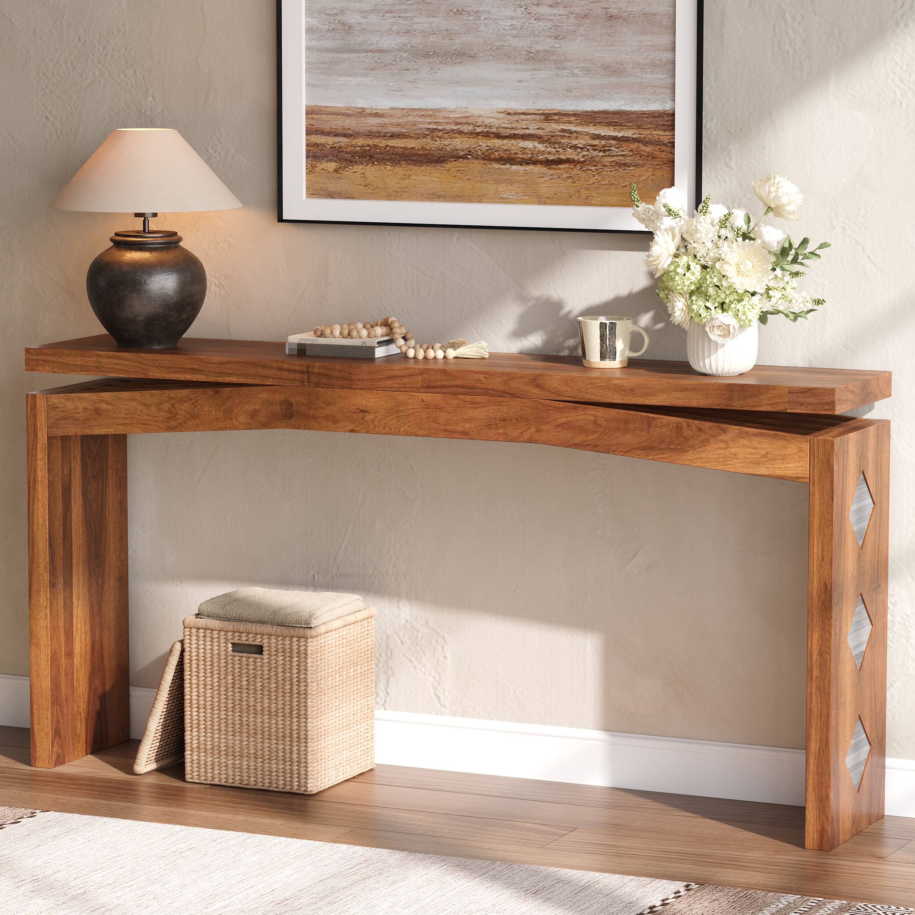 Left. Z-Edge - Console Tables, 62-Inch Wooden Sofa Tables, Narrow Long Behind Couch, Modern Entryway Tables Rectangular for Living Room - Walnut.