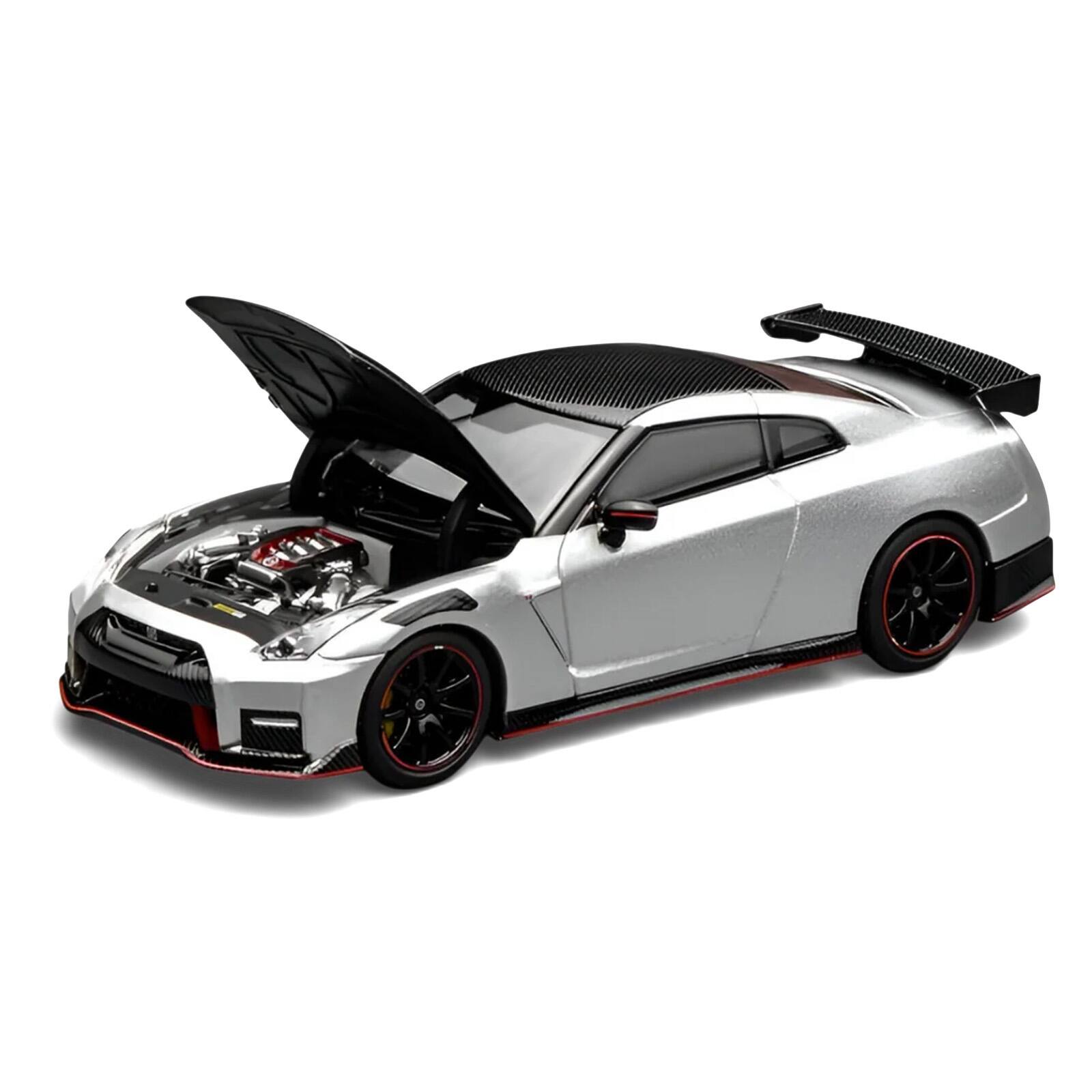 Alt View 1. MotorHelix - 2022 Nissan GT-R Nismo R35 RHD Ultimate Metal Silver Metallic with Carbon Hood and Top 1/64 Car by MotorHelix.