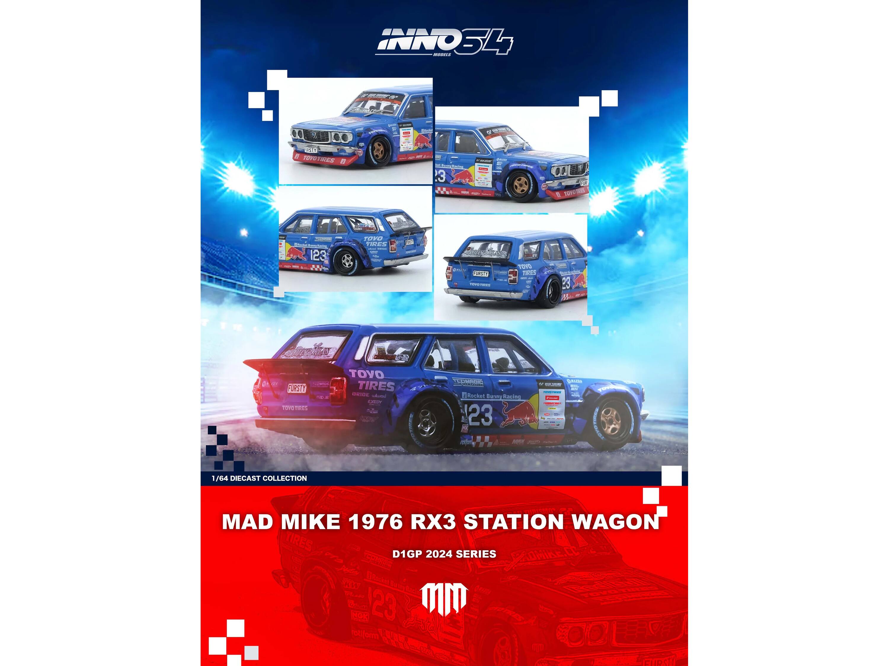 INNO34 - CA0 DYUTIES - 3 & - 2 TOYO 123 TOFO TAES 5 100 TOY TRES 2 23 8 K FURSTY TOYO THES . TOYO TIRES ORIDE   Rocket Barn Racing 23 M - I - -- 1/64 DIECAST COLLECTION MAD MIKE 1976 RX3 STATION WAGON TIRES  D1GP 2024 SERIES OMIKELD