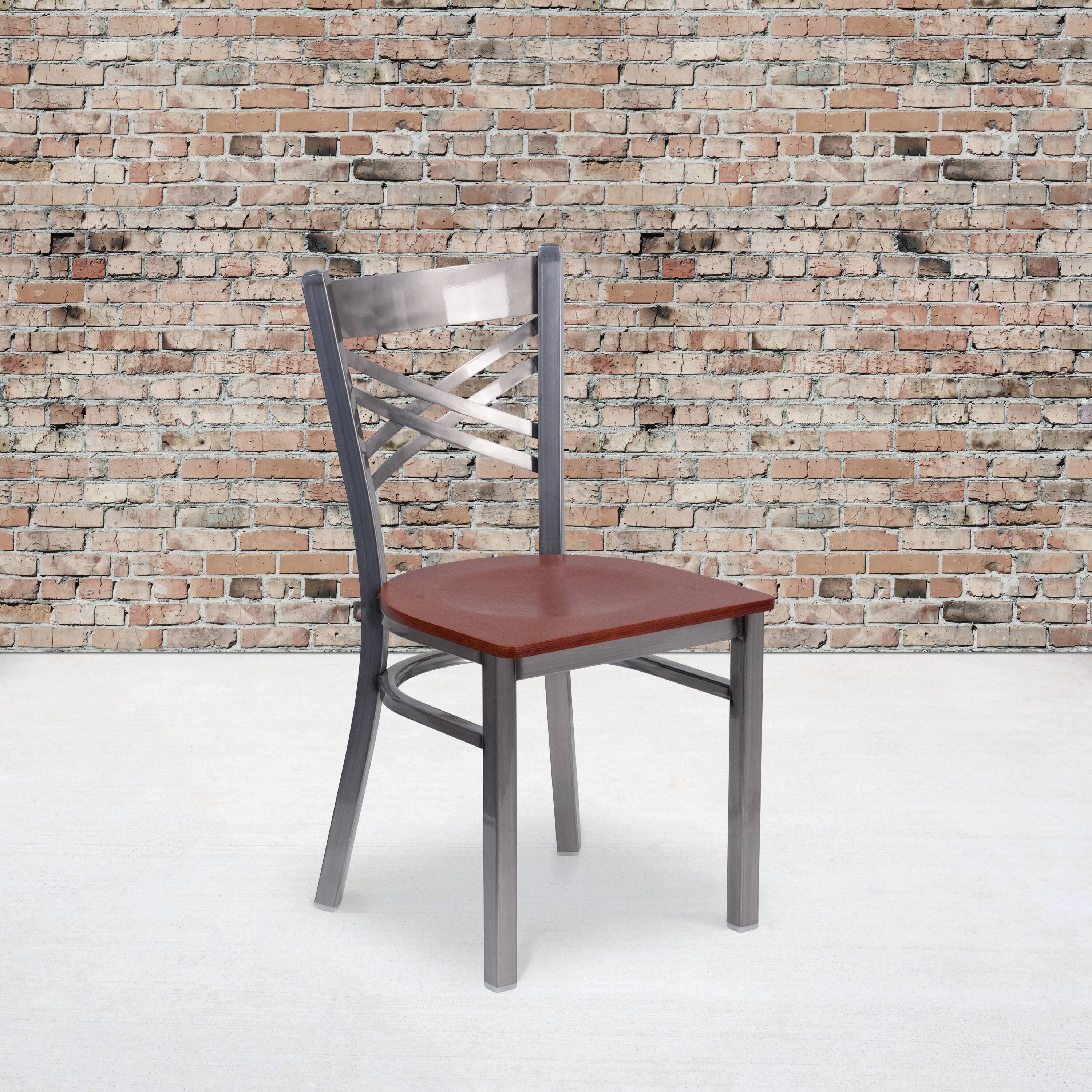Alt View 1. Emma + Oliver - Clear Coated "X" Back Metal Restaurant Dining Chair - Cherry Wood Seat/Clear Coated Metal Frame.