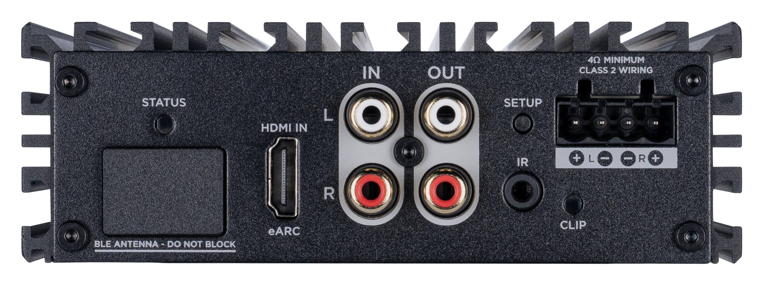 The text on the image reads: "IN OUT 40 MINIMUM CLASS 2 WIRING STATUS HDMI IN L SETUP - a1 IR + L - - R + R BLE ANTENNA - DO NOT BLOCK eARC CLIP."