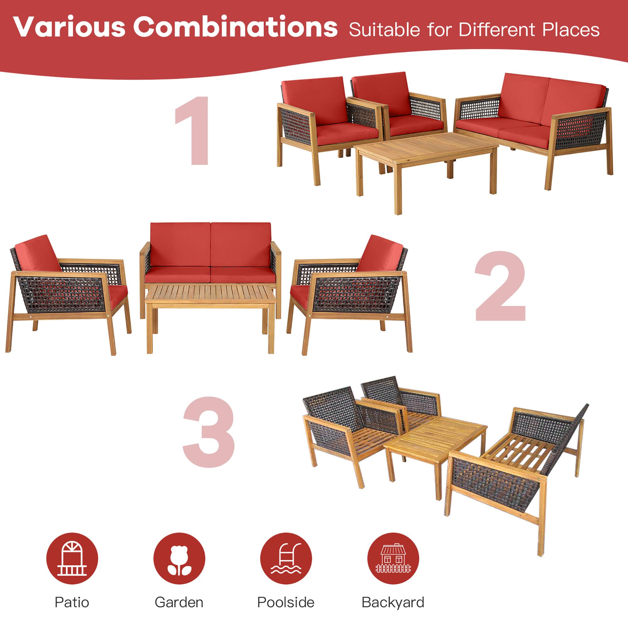 Various Combinations Suitable for Different Places

1

2

3

Patio

Garden

Poolside

Backyard