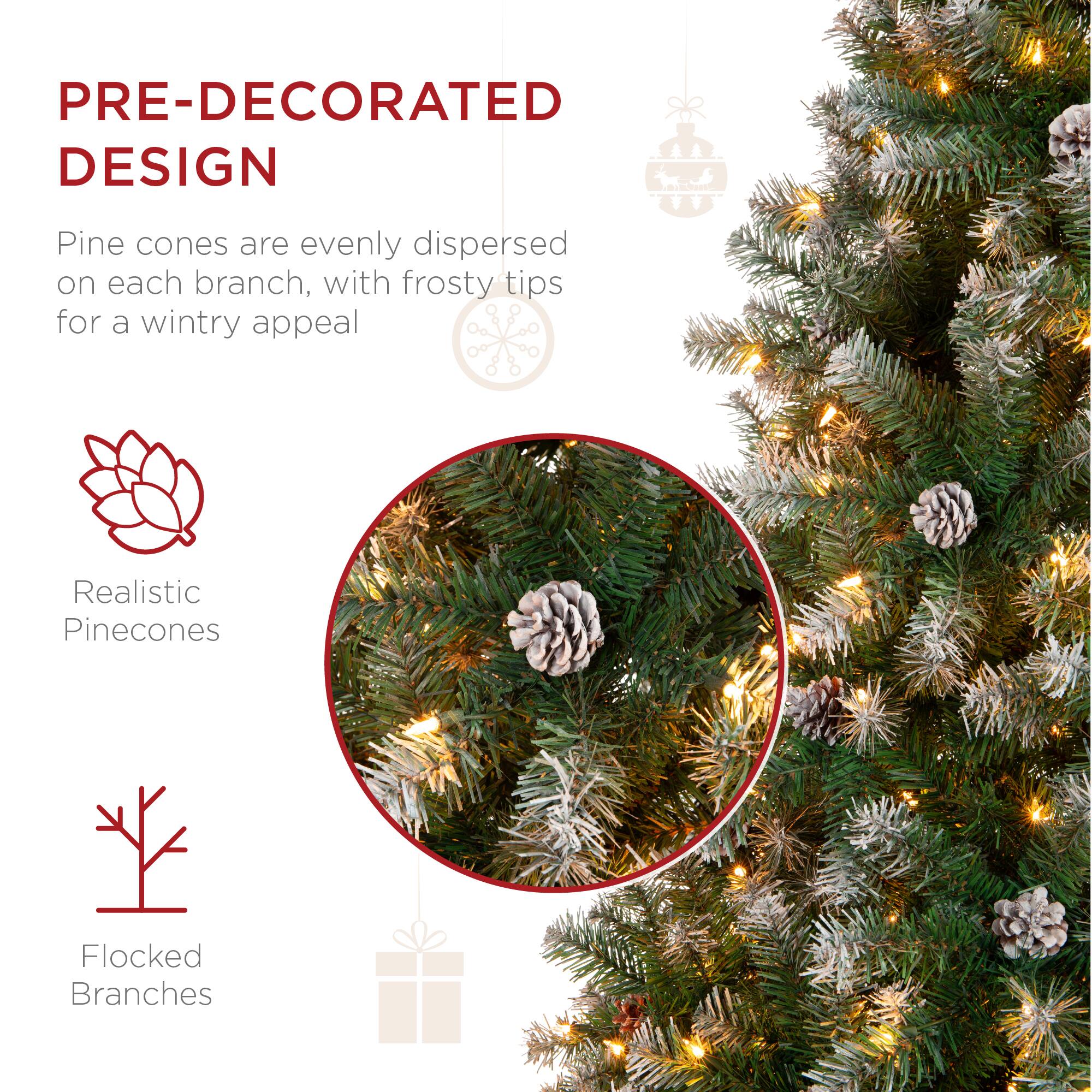 **PRE-DECORATED DESIGN**

Pine cones are evenly dispersed on each branch, with frosty tips for a wintry appeal.

- Realistic Pinecones
- Flocked Branches