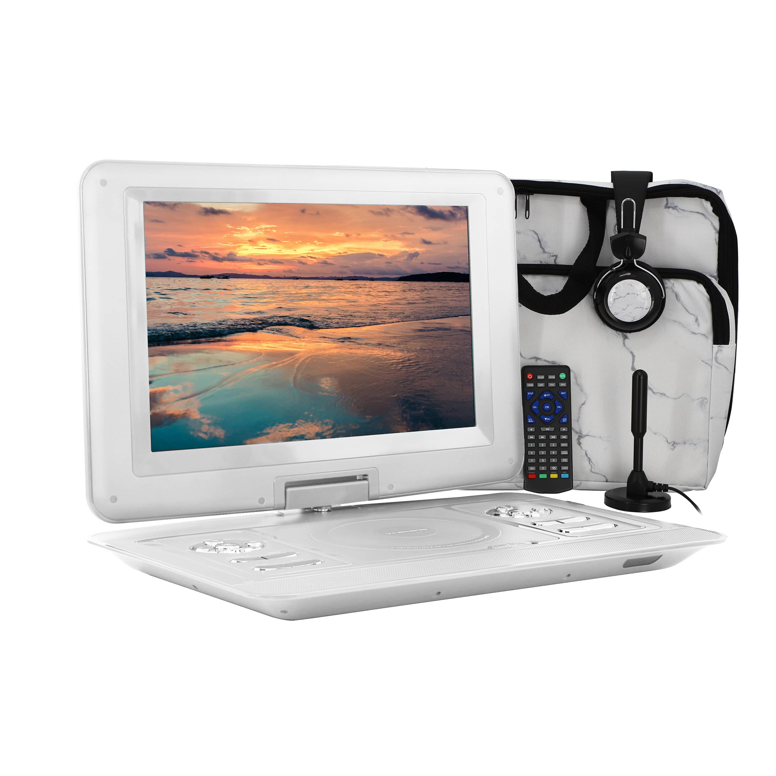Trexonic - 14.1 Inch Portable TV+DVD Player with Swivel TFT-LCD Screen and USB,SD,AV,HDMI Inputs - White Marble
