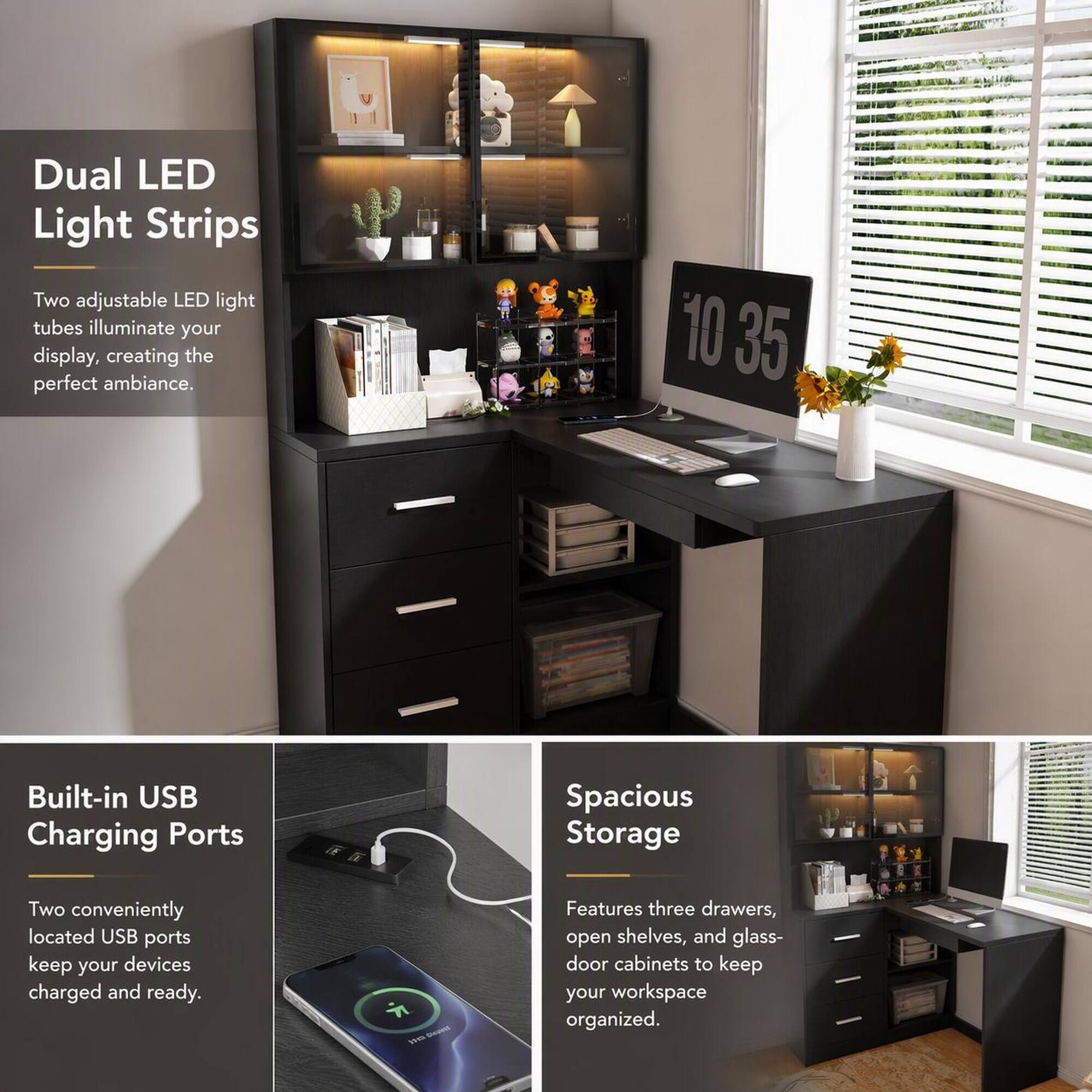 Dual LED Light Strips  
Two adjustable LED light tubes illuminate your display, creating the perfect ambiance.

10 35

Built-in USB Charging Ports  
Two conveniently located USB ports keep your devices charged and ready.

Spacious Storage  
Features three drawers, open shelves, and glass-door cabinets to keep your workspace organized.