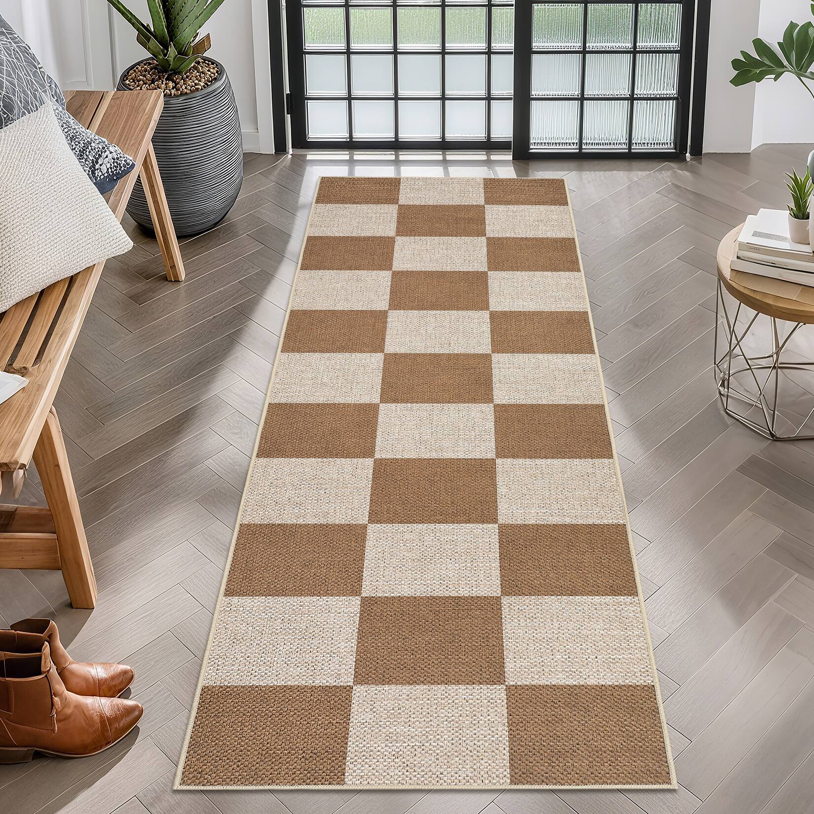 Angle. GARVEE - GARVEE Modern Geometric Area Rug Checkerboard Printed Ultra Thin Washable Non Slip Indoor Rug for Dining Room Kitchen - Coffee.