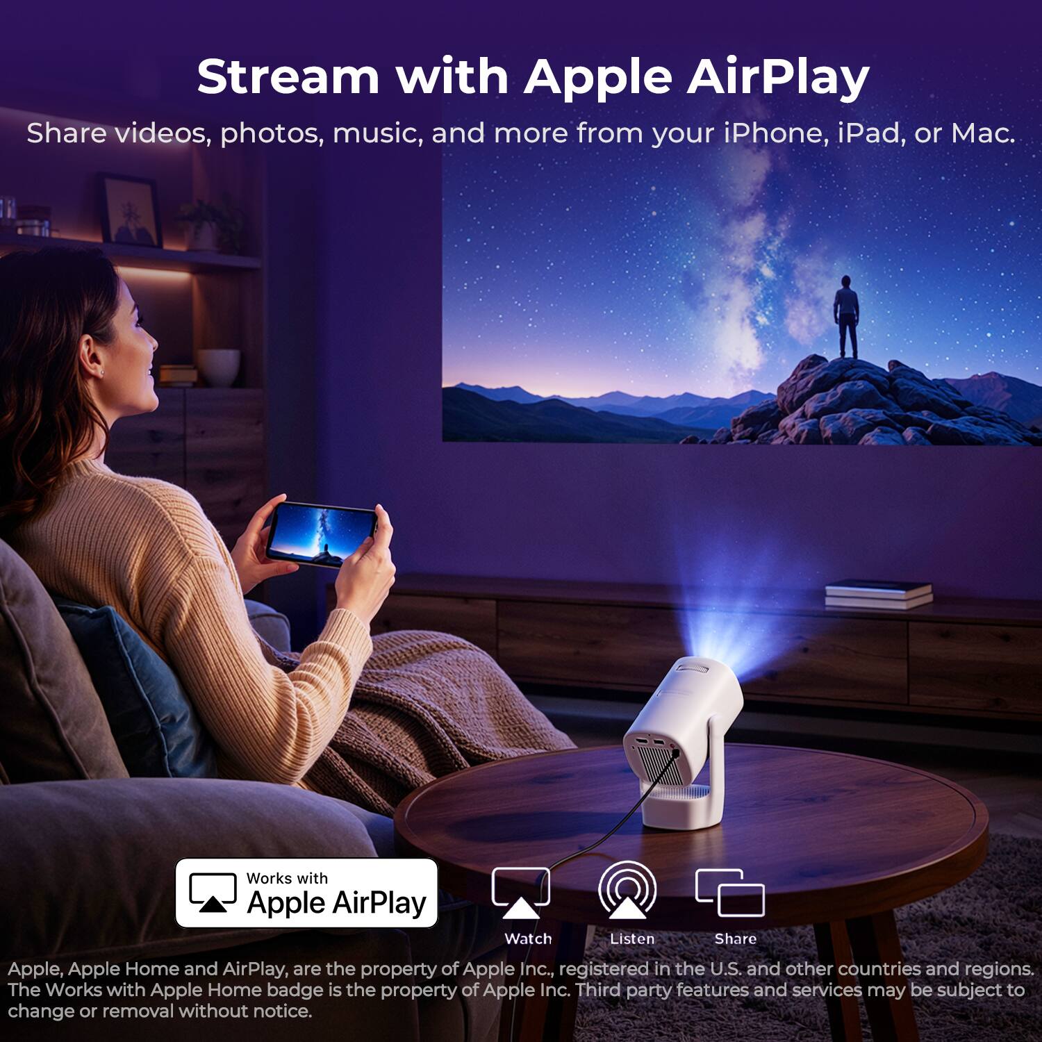 Stream with Apple AirPlay

Share videos, photos, music, and more from your iPhone, iPad, or Mac.

Works with Apple AirPlay

Watch Listen Share

Apple, Apple Home and AirPlay, are the property of Apple Inc., registered in the U.S. and other countries and regions. The Works with Apple Home badge is the property of Apple Inc. Third party features and services may be subject to change or removal without notice.