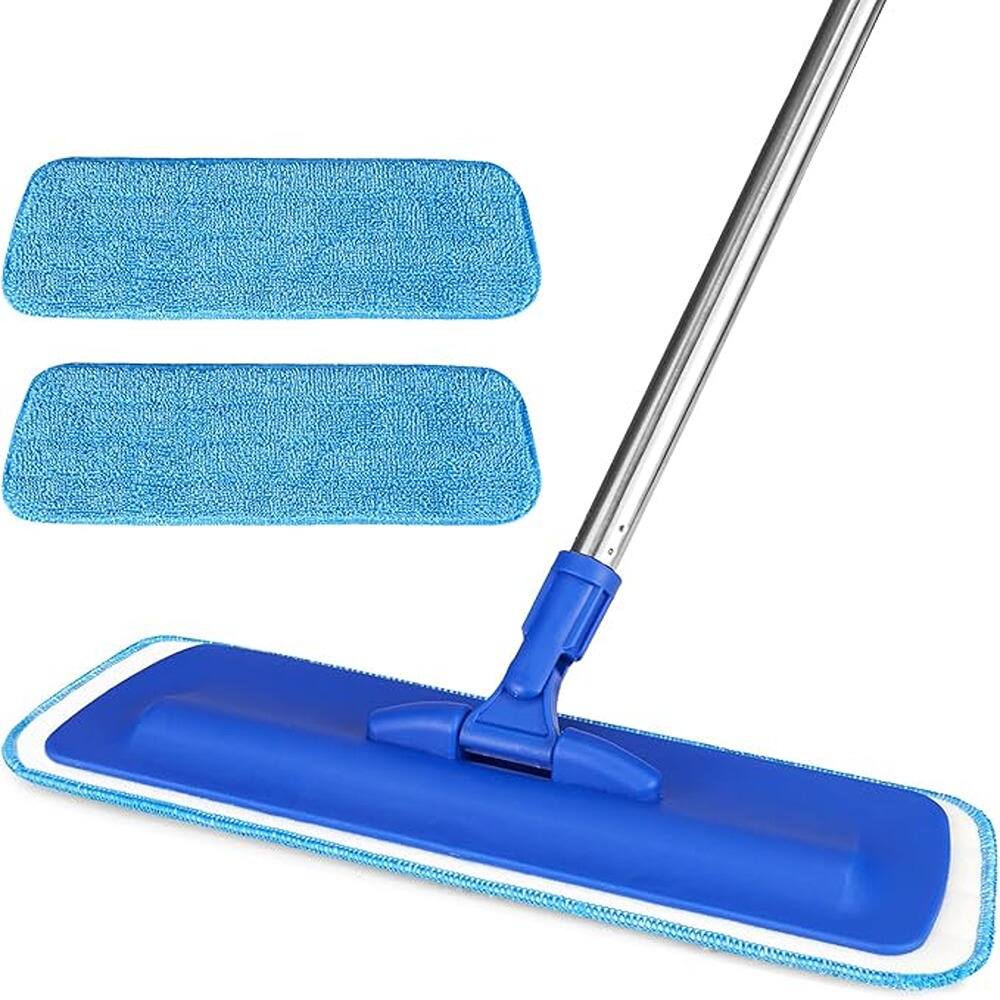 Front. Schertz - 17.5" Microfiber Flat Mop with Steel Handle, 2 Washable Pads, Blue.