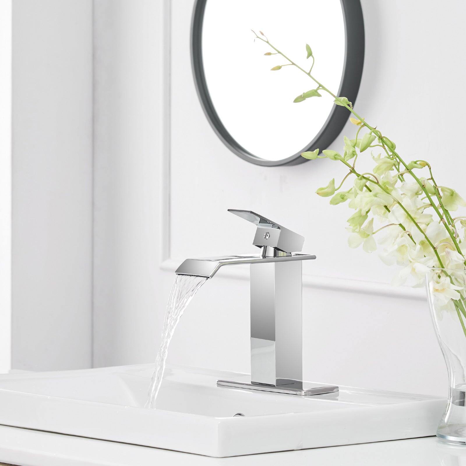 Alt View 2. Boyel Living - Waterfall Single Hole Single Handle Low Arc Bathroom Faucet with Supply Line in Polished Chrome - Polished Chrome.