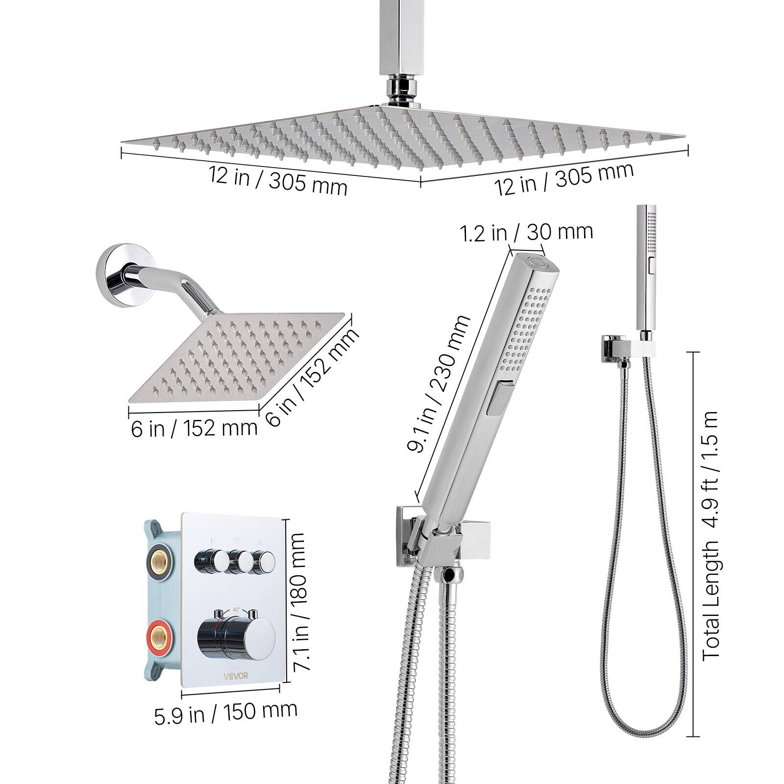 - 12 in / 305 mm
- 1.2 in / 30 mm
- 6 in / 152 mm
- 9.1 in / 230 mm
- 7.1 in / 180 mm
- 5.9 in / 150 mm
- Total Length: 4.9 ft / 1.5 m