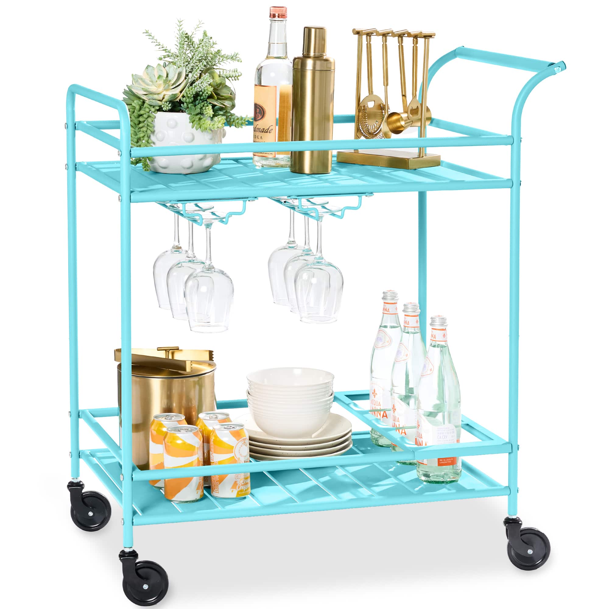Best Choice Products - 2-Tier Rolling Bar Cart Indoor/Outdoor w/ Storage Shelves, Wine Rack, Lockable Wheels - Teal