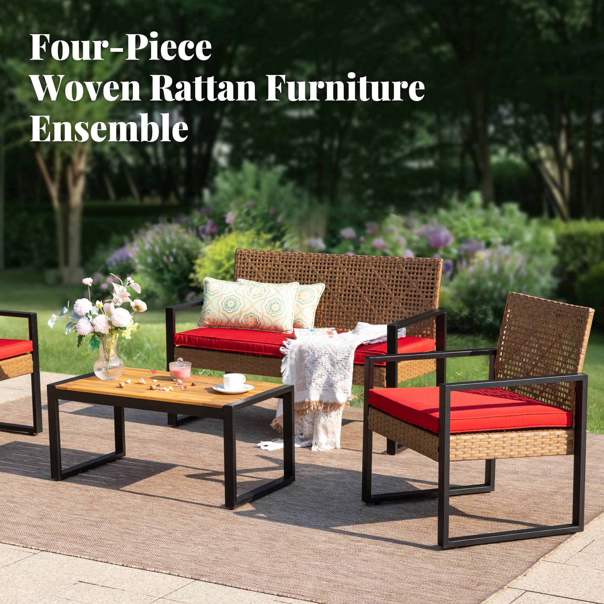 Four-Piece Woven Rattan Furniture Ensemble