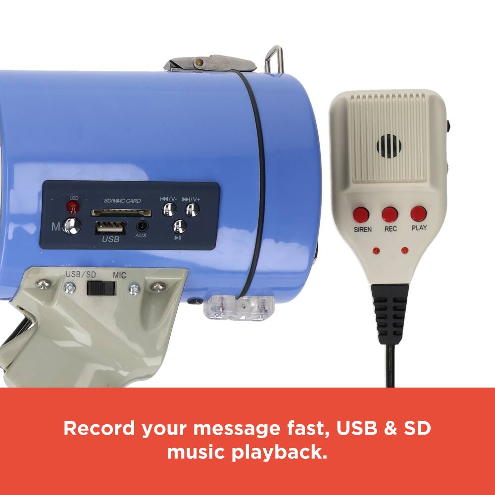LED  
SD/MMC CARD  
USB  
AUX  
SIREN  
REC  
PLAY  
USB/SD  
MIC  

Record your message fast, USB & SD music playback.