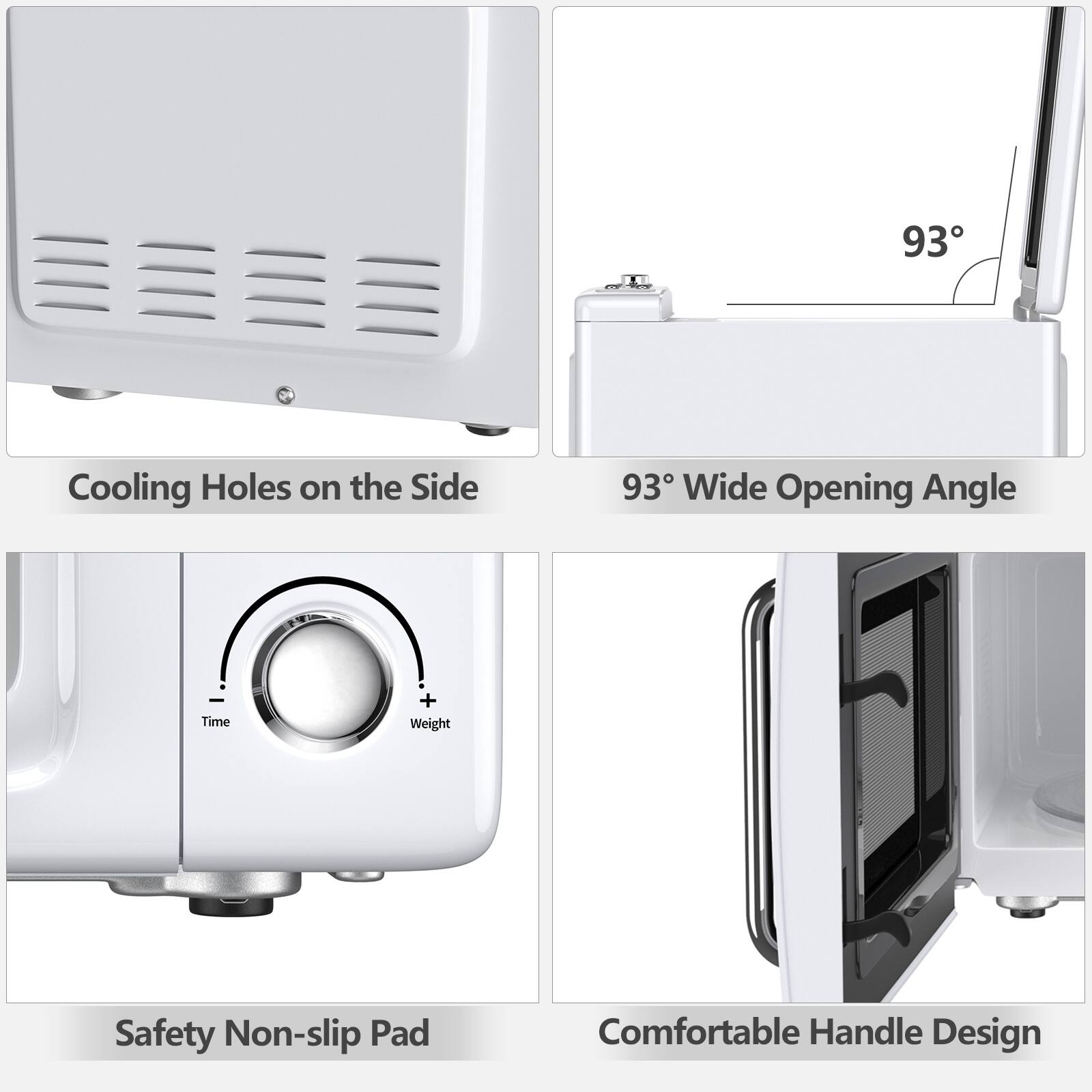 Cooling Holes on the Side, 93° Wide Opening Angle, Time + Weight, Safety Non-slip Pad, Comfortable Handle Design