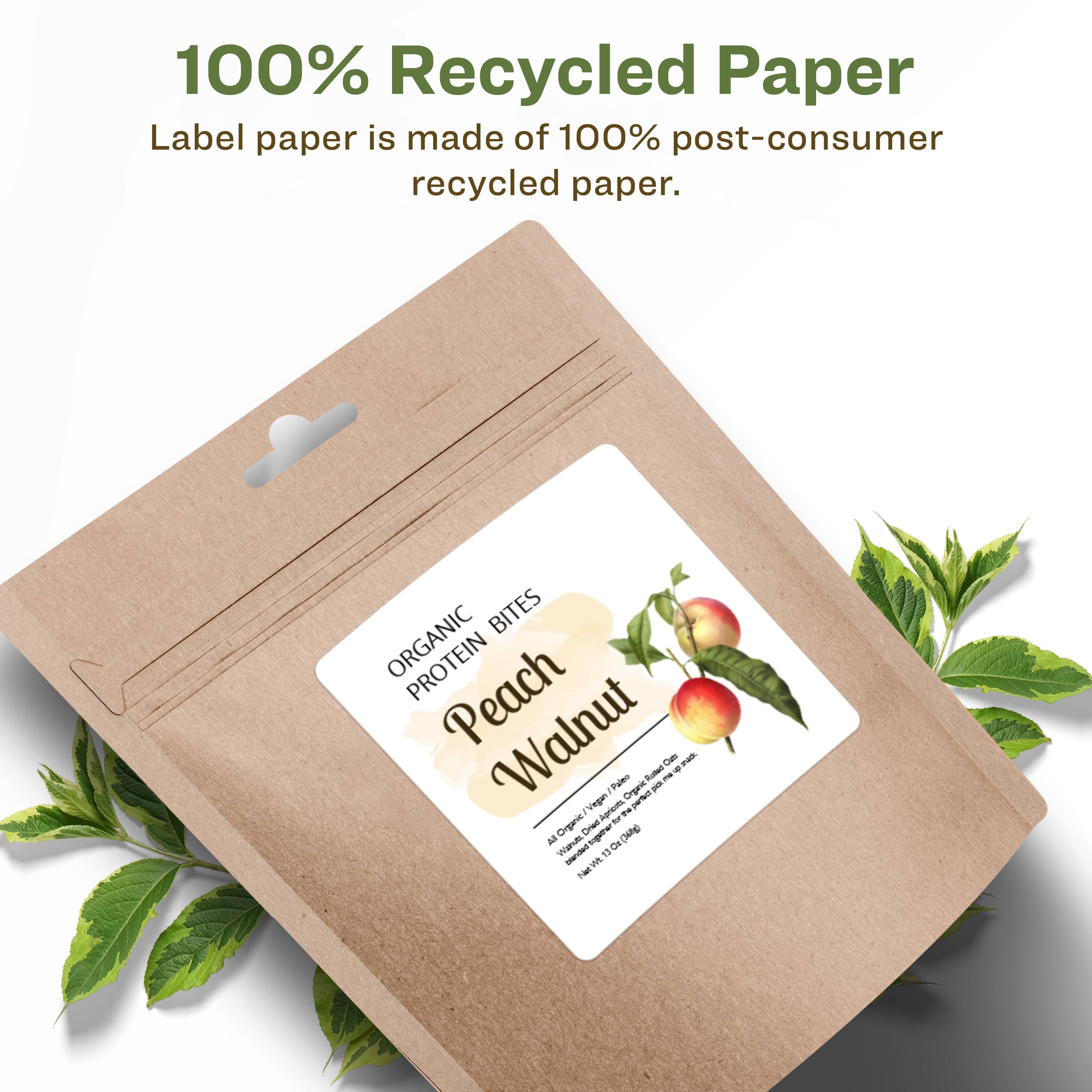 100% Recycled Paper  
Label paper is made of 100% post-consumer recycled paper.

ORGANIC PROTEIN BITES  
Peach Walnut  
All Organic / Vegan  
Net Wt. 1.7 oz (48g)