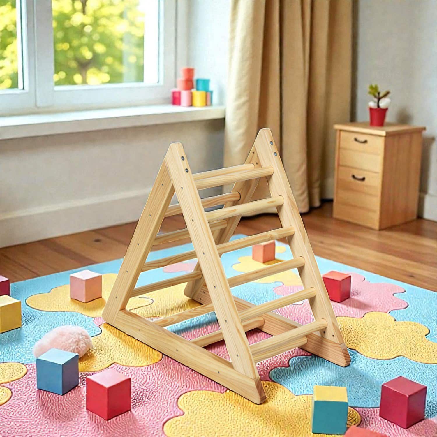 BreeBe - Toddler Activity Triangle Climber with Wooden Step Training Playset - Natural