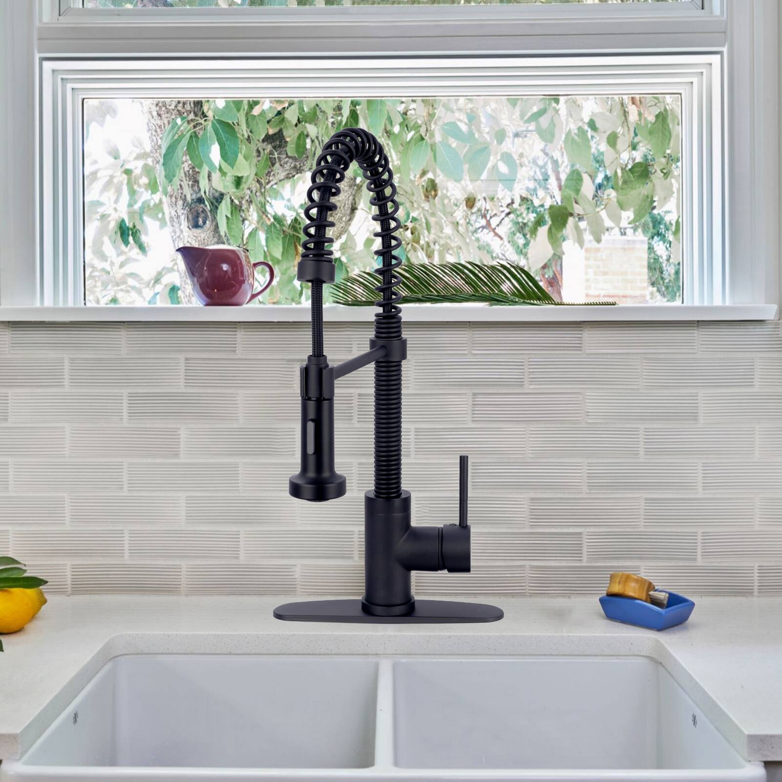 Alt View 5. Akicon - Akicon Pre-Rinse Spring Single Handle Solid Brass Kitchen Faucet with Pull Down Sprayer in Matte Black - Matte Black.
