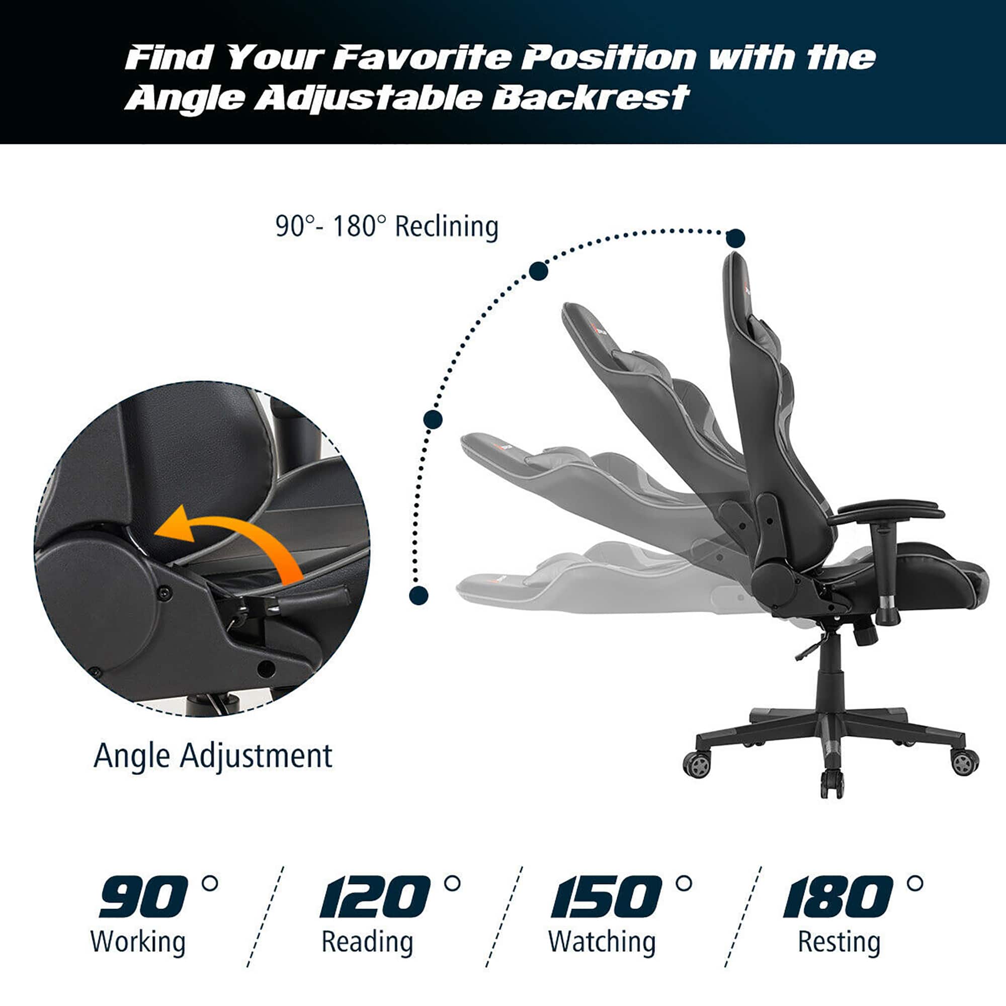 Find Your Favorite Position with the Angle Adjustable Backrest 90-180 Reclining Angle Adjustment: 90° (Working), 120° (Reading), 150° (Watching), 180° (Resting)