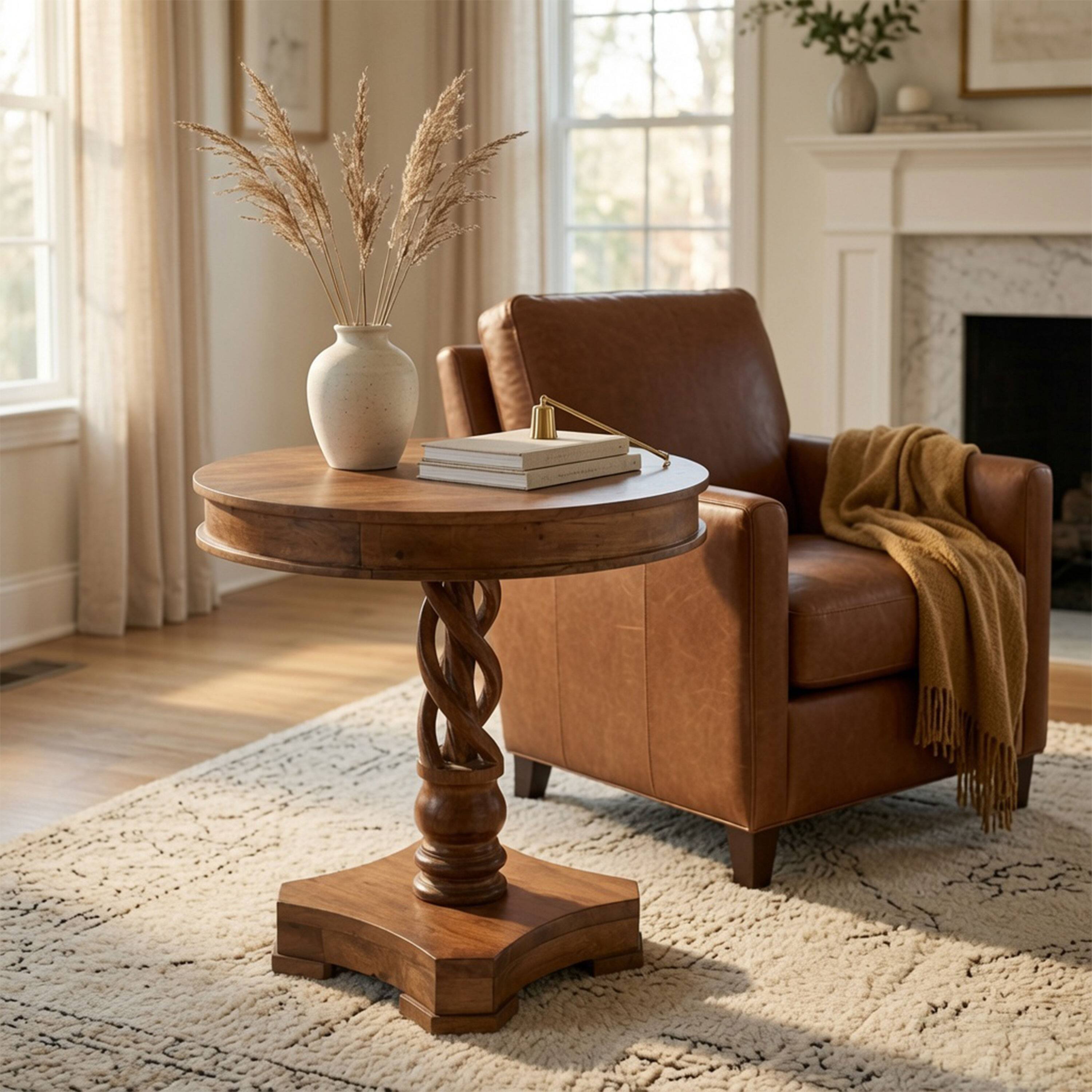 Alt View 6. Manhattan Lane - 30 Inch Handcrafted Round Mango Wood Dinette, Artisanal Twisted Pedestal Base - Brown.