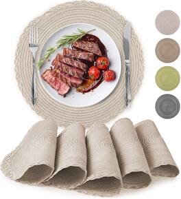 Zulay Kitchen - 15 Inch Round Placemats for Dining Table Set of 6 - Braided Round & Anti-Skid Placemat - Ivory with Border