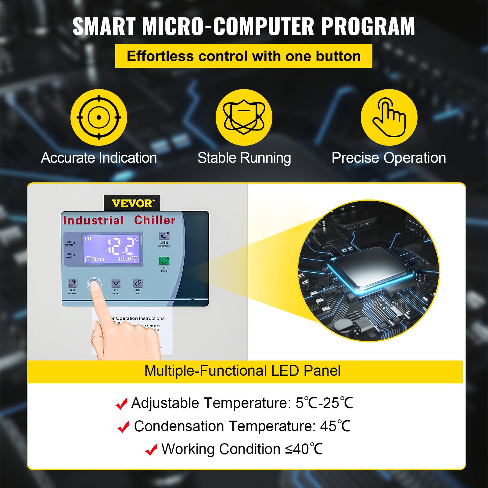 SMART MICRO-COMPUTER PROGRAM  
Effortless control with one button  
Accurate Indication  
Stable Running  
Precise Operation  

VEVOR Industrial Chiller  

Multiple-Functional LED Panel  
Adjustable Temperature: 5°C-25°C  
Condensation Temperature: 45°C  
Working Condition: ≤40°C