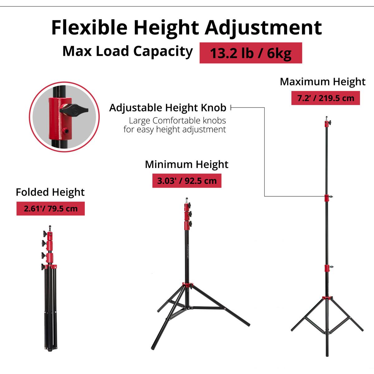 Flexible Height Adjustment  
Max Load Capacity: 13.2 lb / 6kg  
Adjustable Height Knob  
Large Comfortable knobs for easy height adjustment  
Maximum Height: 7.2' / 219.5 cm  
Folded Height: 2.61' / 79.5 cm  
Minimum Height: 3.03' / 92.5 cm