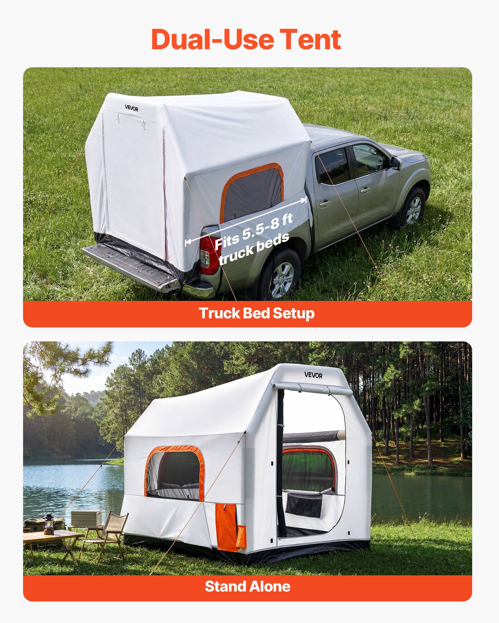 Dual-Use Tent

Fits 5.5-8 ft truck beds

Truck Bed Setup

Stand Alone