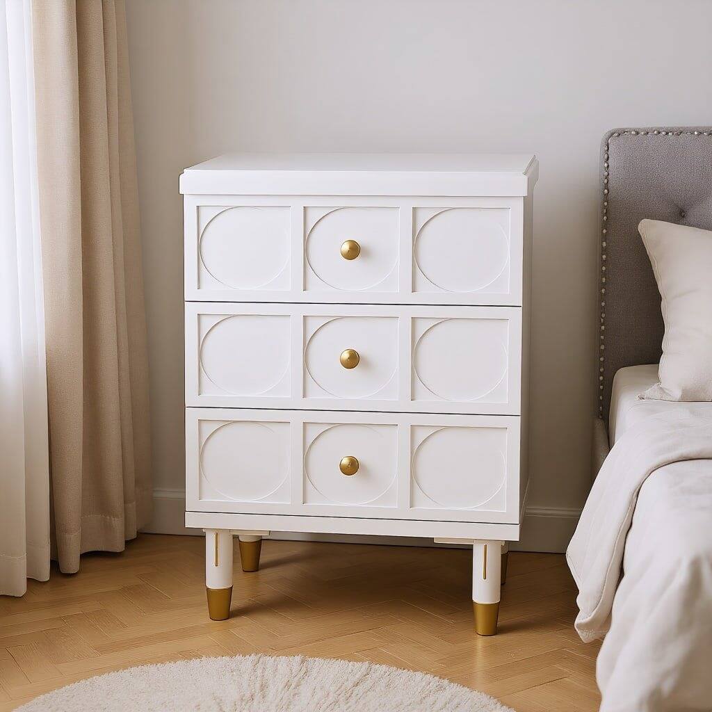 Left. Kadyn - Kadyn 3-Drawer Bedside Table, Acrylic Metal Legs, Compact Nightstand for Bedroom, Space-Saving, Sleek Design, White - White.