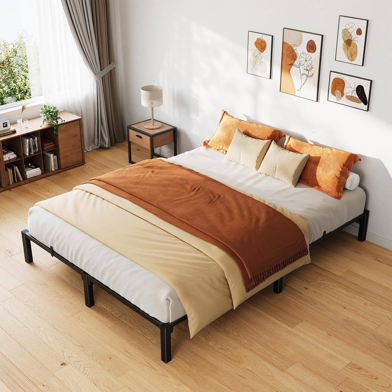 Front. Qeetex - Heavy Duty Metal Bed Frame Full 8 Inch Black Platform Iron Slat Support No Box Spring 800Lbs Capacity - As Shown.