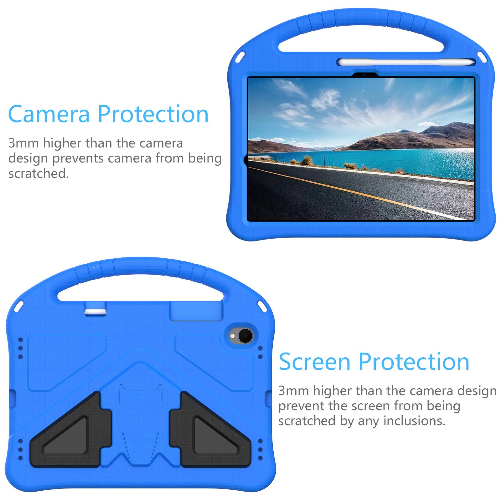 Camera Protection  
3mm higher than the camera design prevents camera from being scratched.  

Screen Protection  
3mm higher than the camera design prevent the screen from being scratched by any inclusions.