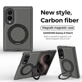 Dteck - Magnetic Carbon Fiber Pattern Case for Samsung Galaxy Z Fold8 with Stand, Shockproof Rigid Plastic Faux Leather Cover - Gray