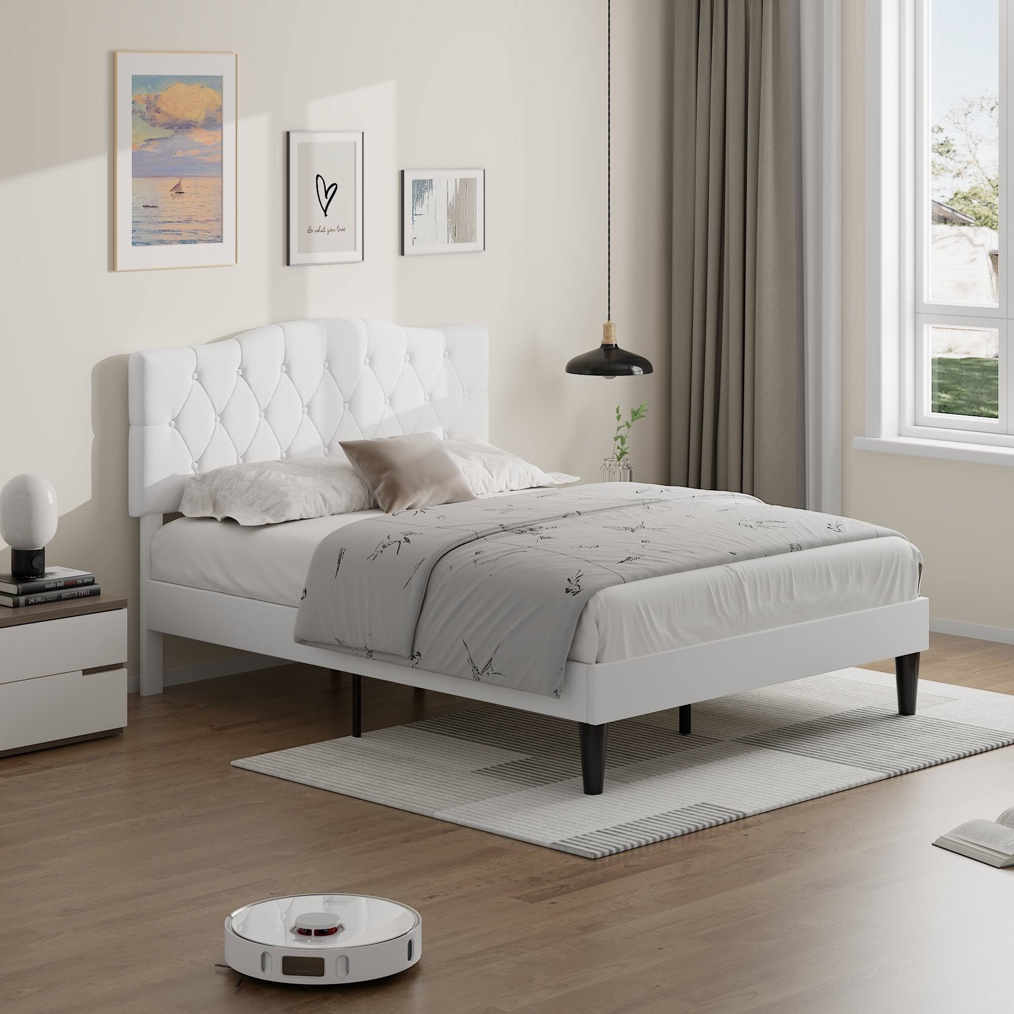 Left. Vecelo - Queen Upholstered Platform Bed Frame with Adjustable Tufted Headboard, Heavy-Duty Metal & Wood Slats, Noise-Free Design - White.