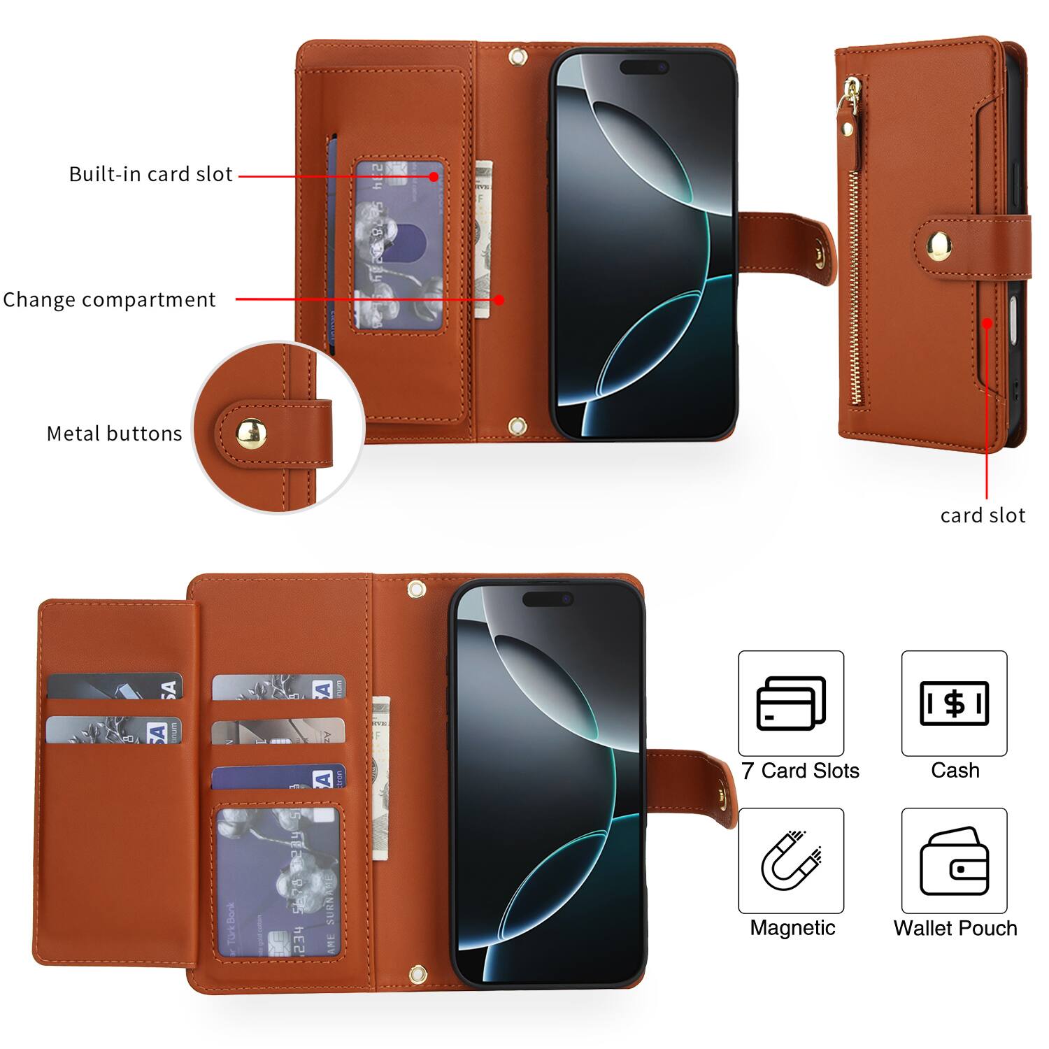 Built-in card slot  
Change compartment  
Metal buttons  
Card slot  

7 Card Slots  
Cash  
Magnetic  
Wallet Pouch  

SURNAEL AME  
98-15 234