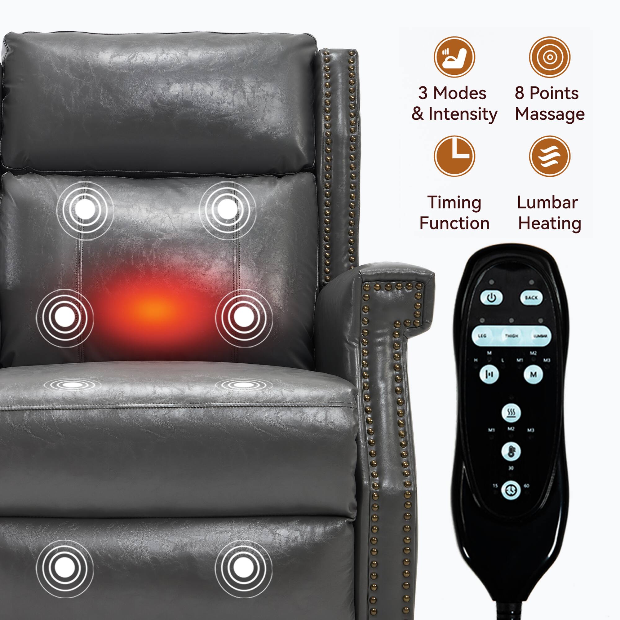 3 Modes & Intensity  
8 Points Massage  
Timing Function  
Lumbar Heating