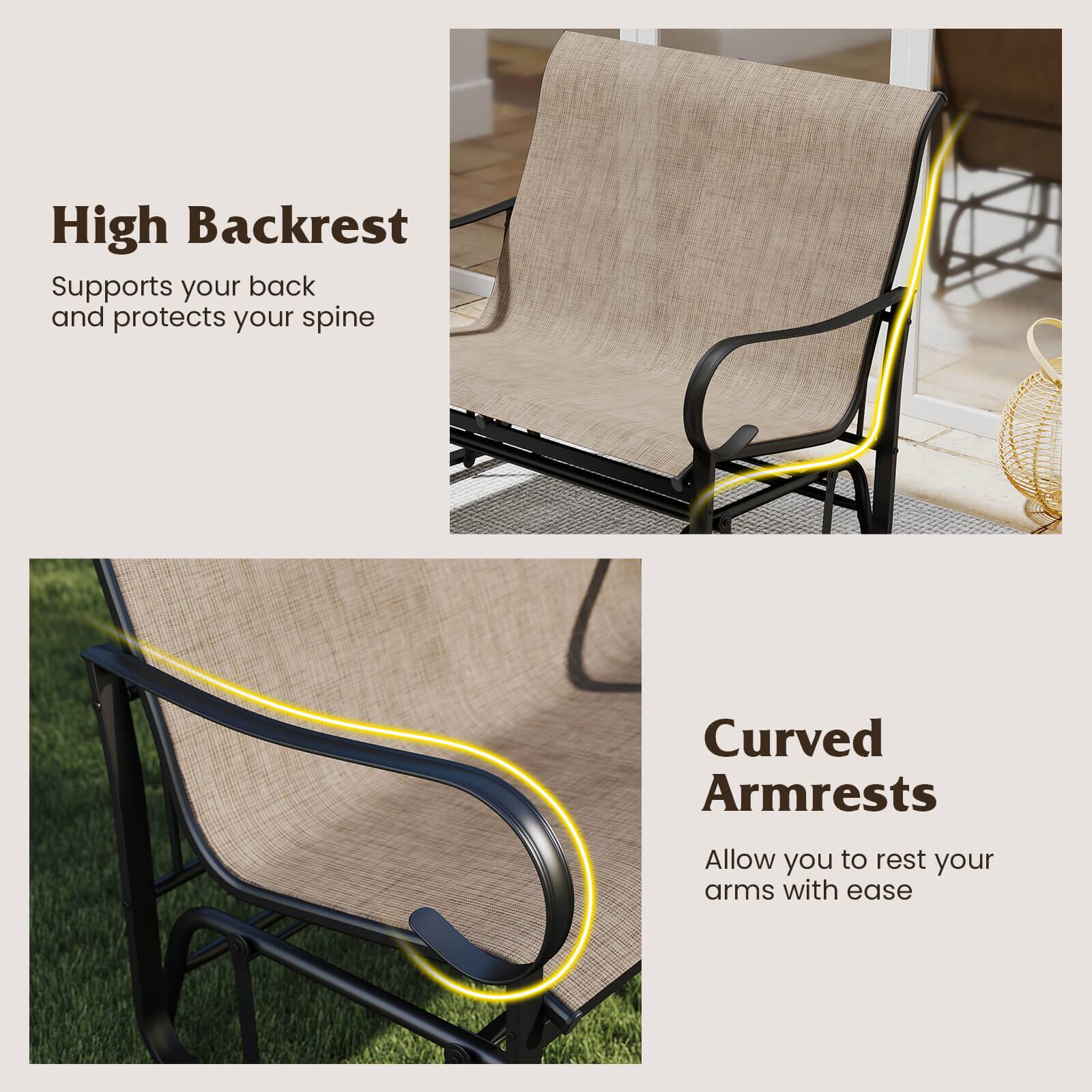 High Backrest  
Supports your back and protects your spine  

Curved Armrests  
Allow you to rest your arms with ease