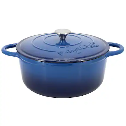 Front. MegaChef - MegaChef 6.35 Quart Round Enameled Cast Iron Dutch Oven with Self Basting Lid in Dark Blue - Dark Blue.
