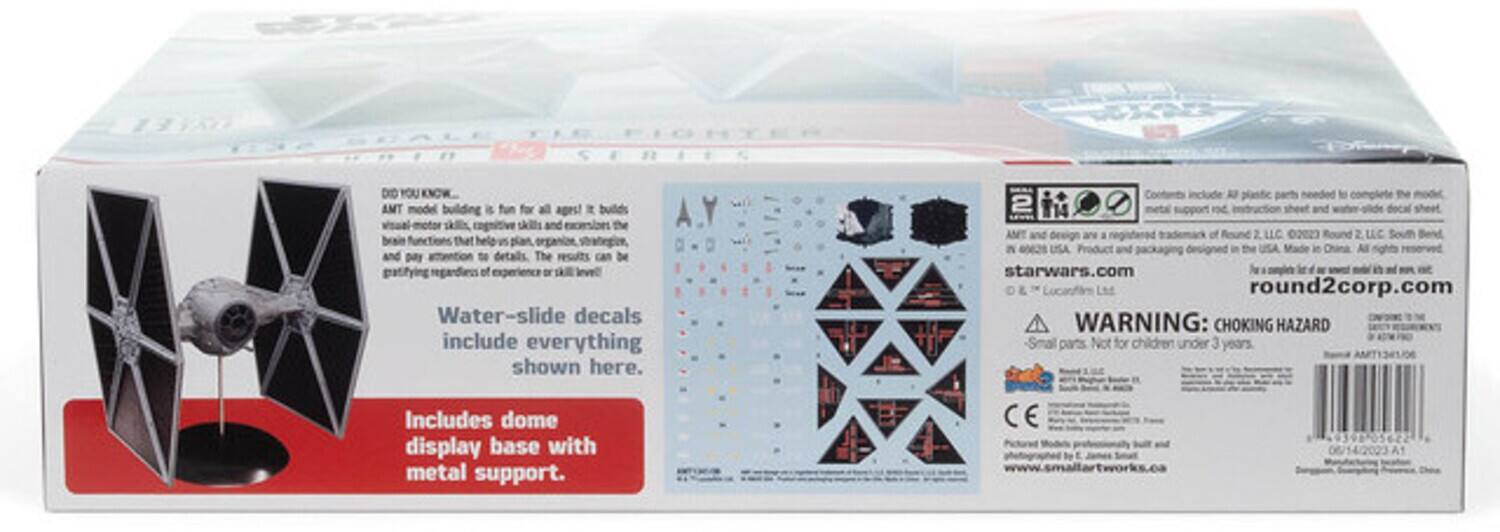 DID YOU KNOW.. AMT model building is fun for all ages! It builds cognitive skills and the brain helps pay attention to details. The results can be of experience or skill level. Water-slide decals include everything shown here. Includes all parts needed to complete the model, support, and decal sheet. AMT and design are a registered trademark of Round 2, LLC 0202 Round 2 LLC South Bend IN USA. Product and packaging designed in the USA. Made in China. All rights reserved. starwars.com. Lucasfilm Ltd. round2corp.com. WARNING: CHOKING HAZARD - Small parts. Not for children under 3 years. Includes dome display base with metal support.