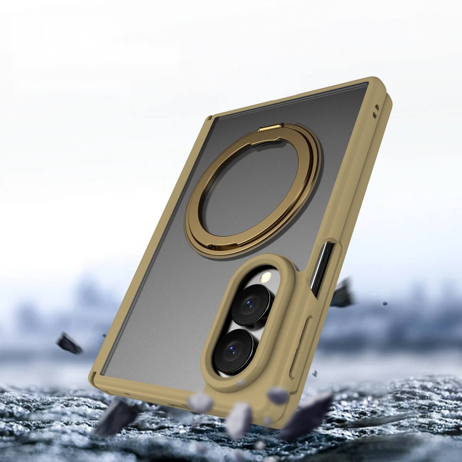 Angle. Dteck - Shockproof Phone Case for Samsung Galaxy Z Fold8 with 360 Ring Kickstand, Magnetic Matte Cover with Spine Hinge Defense - Gold.