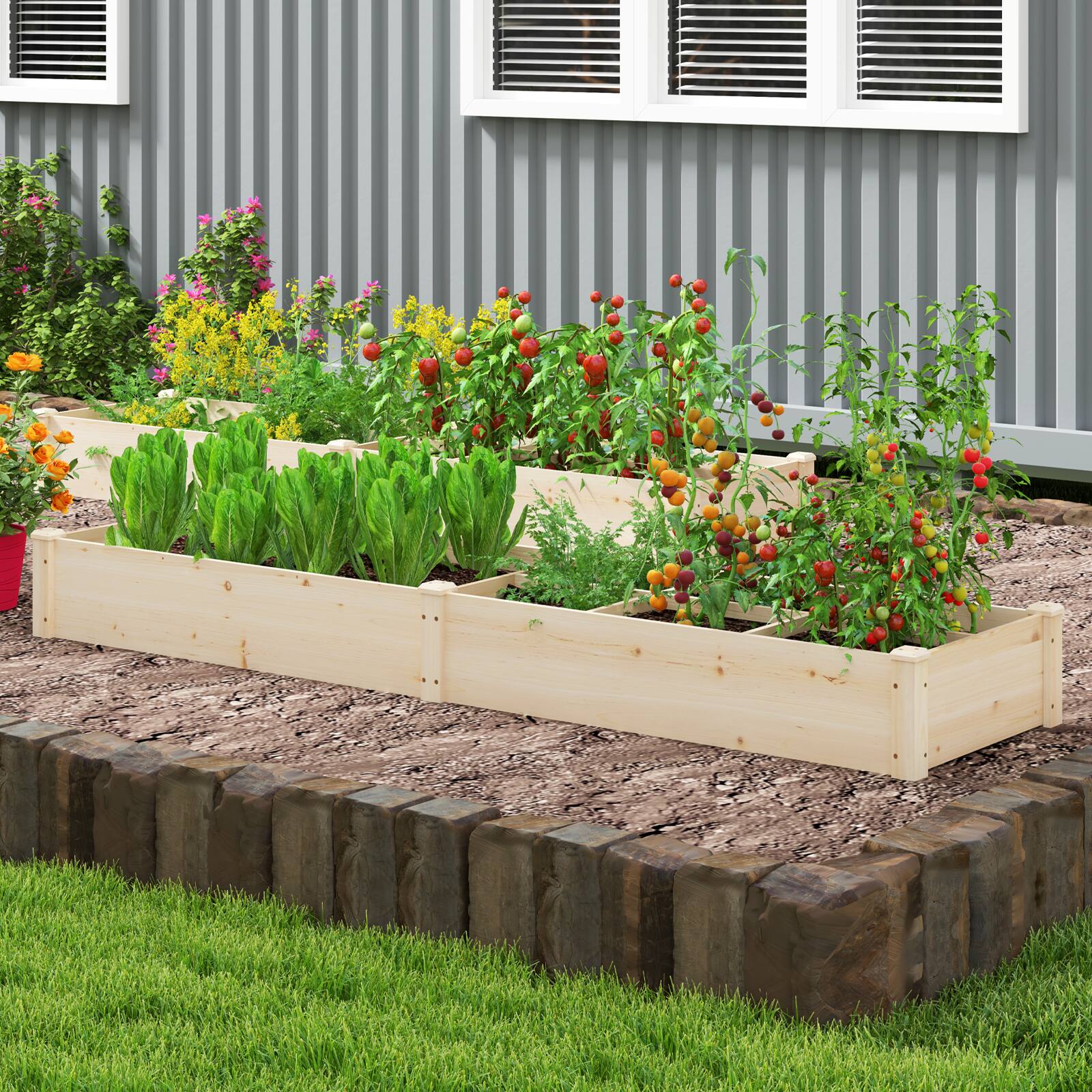 Alt View 3. Gymax - Gymax Wooden Raised Garden Bed w/ 2 Planter Boxes Divider Open-Ended Base for Flower - Natural.