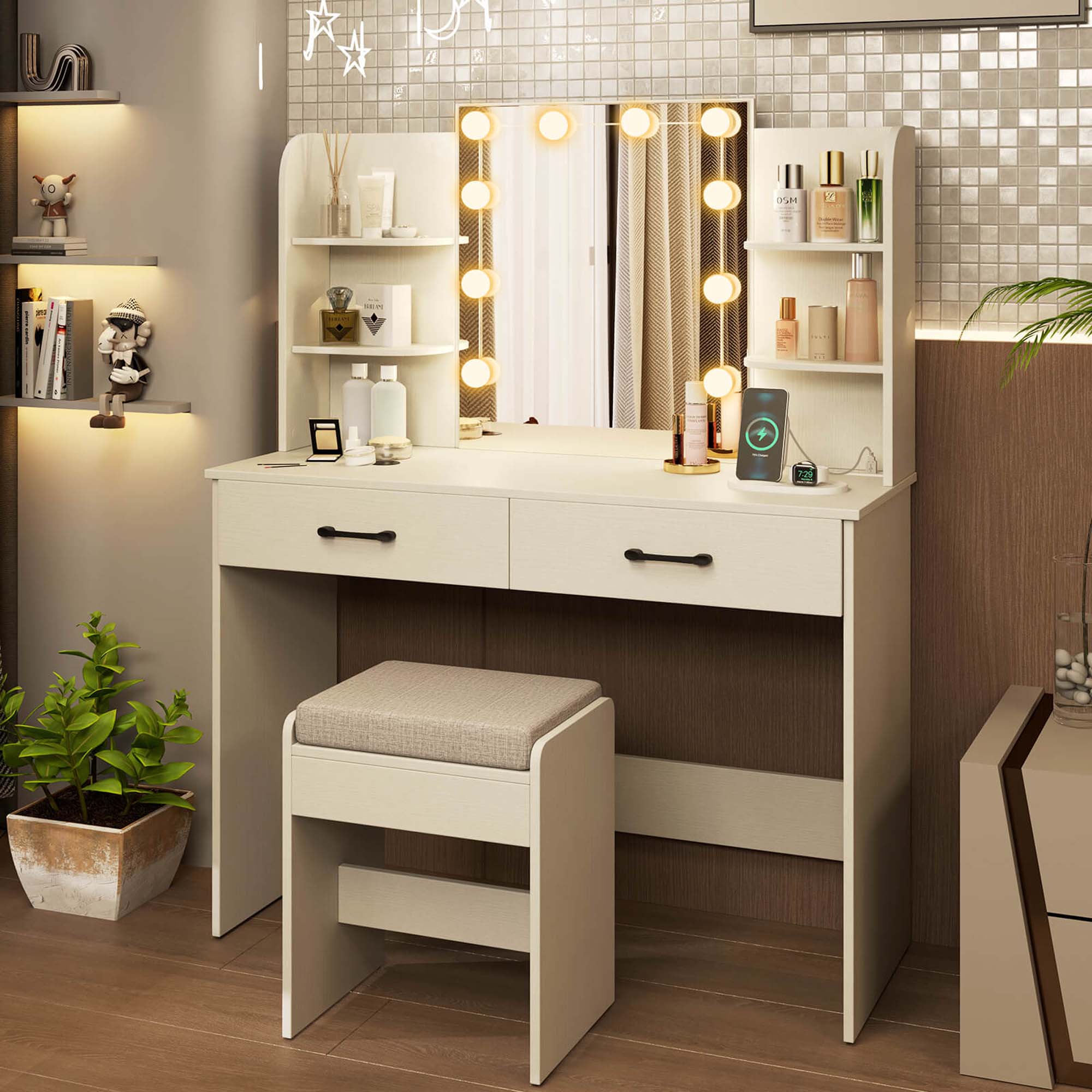 Alt View 1. Costway - Costway Makeup Vanity Desk with Lighted Mirror Charging Station 3-Color Dimmable LED Lights White - White.