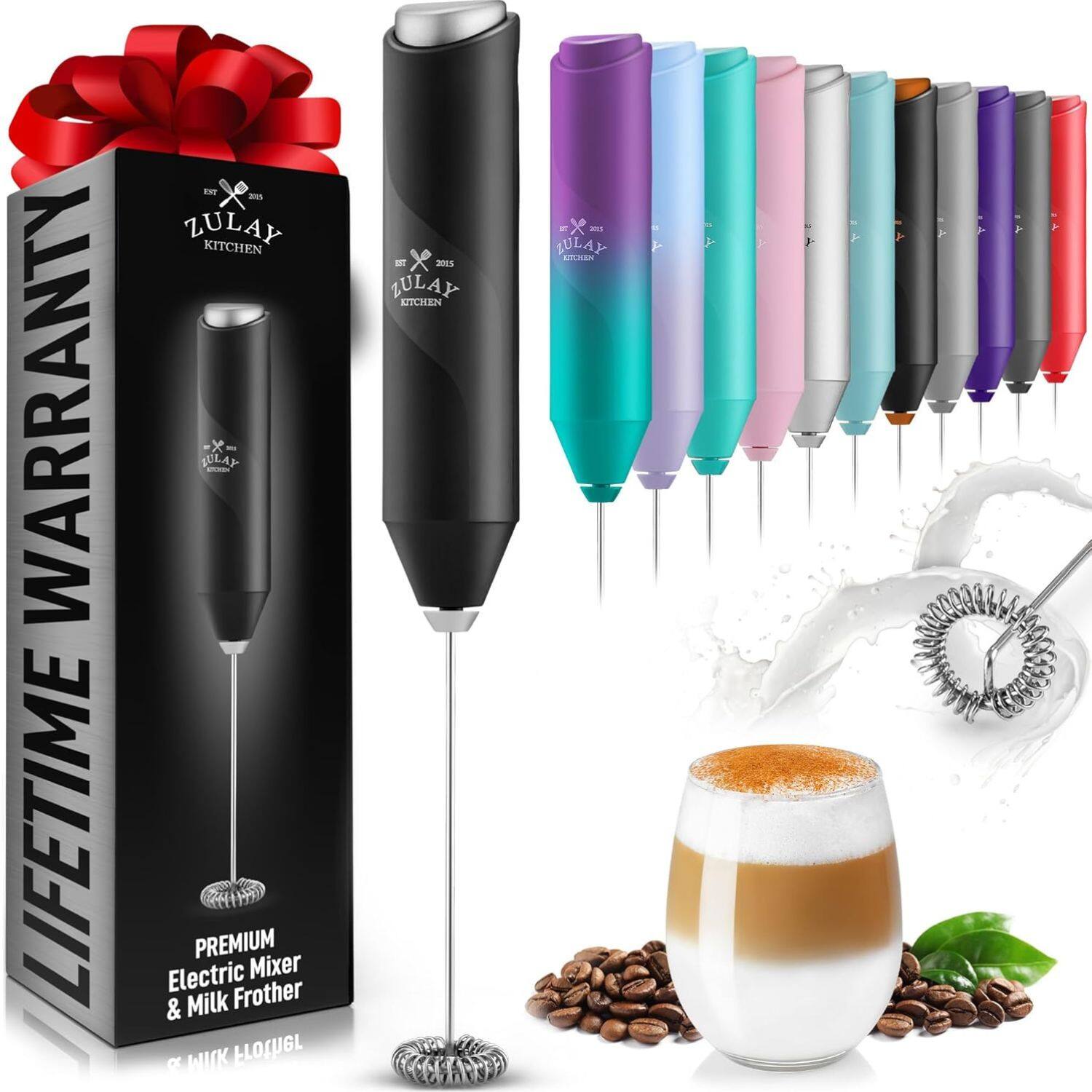 Zulay Kitchen - FrothMate Powerful Milk Frother Portable & Compact Handheld Foam Maker Lattes, Cappuccinos - Black Silver