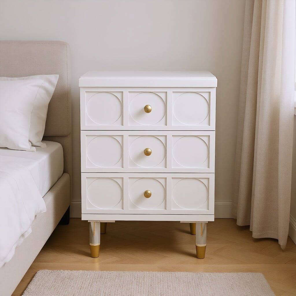 Angle. Kadyn - Kadyn 3-Drawer Bedside Table, Acrylic Metal Legs, Compact Nightstand for Bedroom, Space-Saving, Sleek Design, White - White.