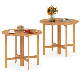 Costway - 2PCS 36" Outdoor Folding Round Dining Table with Slatted Tabletop for Backyard - Teak