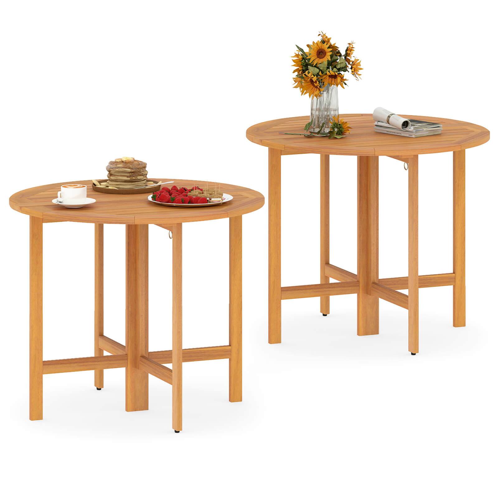 Front. Costway - Costway 2PCS 36" Outdoor Folding Round Dining Table with  Slatted Tabletop for Backyard - Teak.